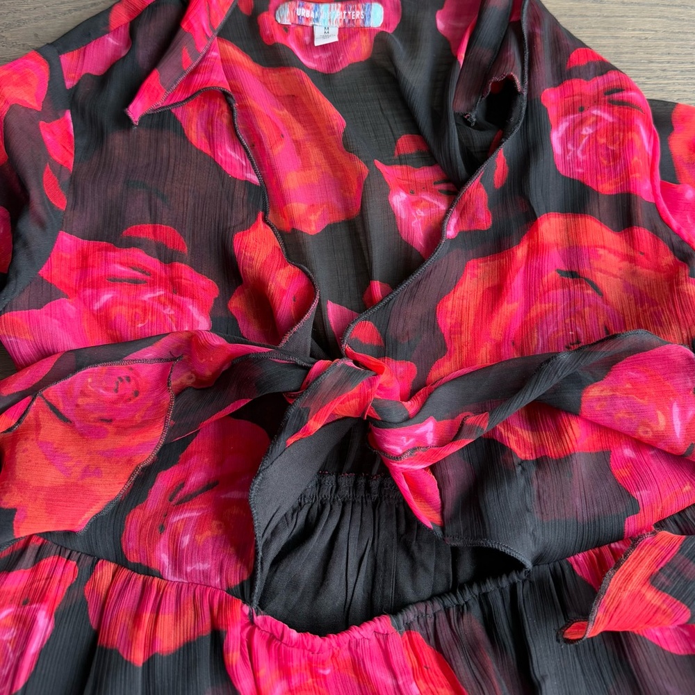 Urban Outfitters Kiki Tie Front Black, Hot Pink & Red Floral Mini Dress - Picture 4 of 5